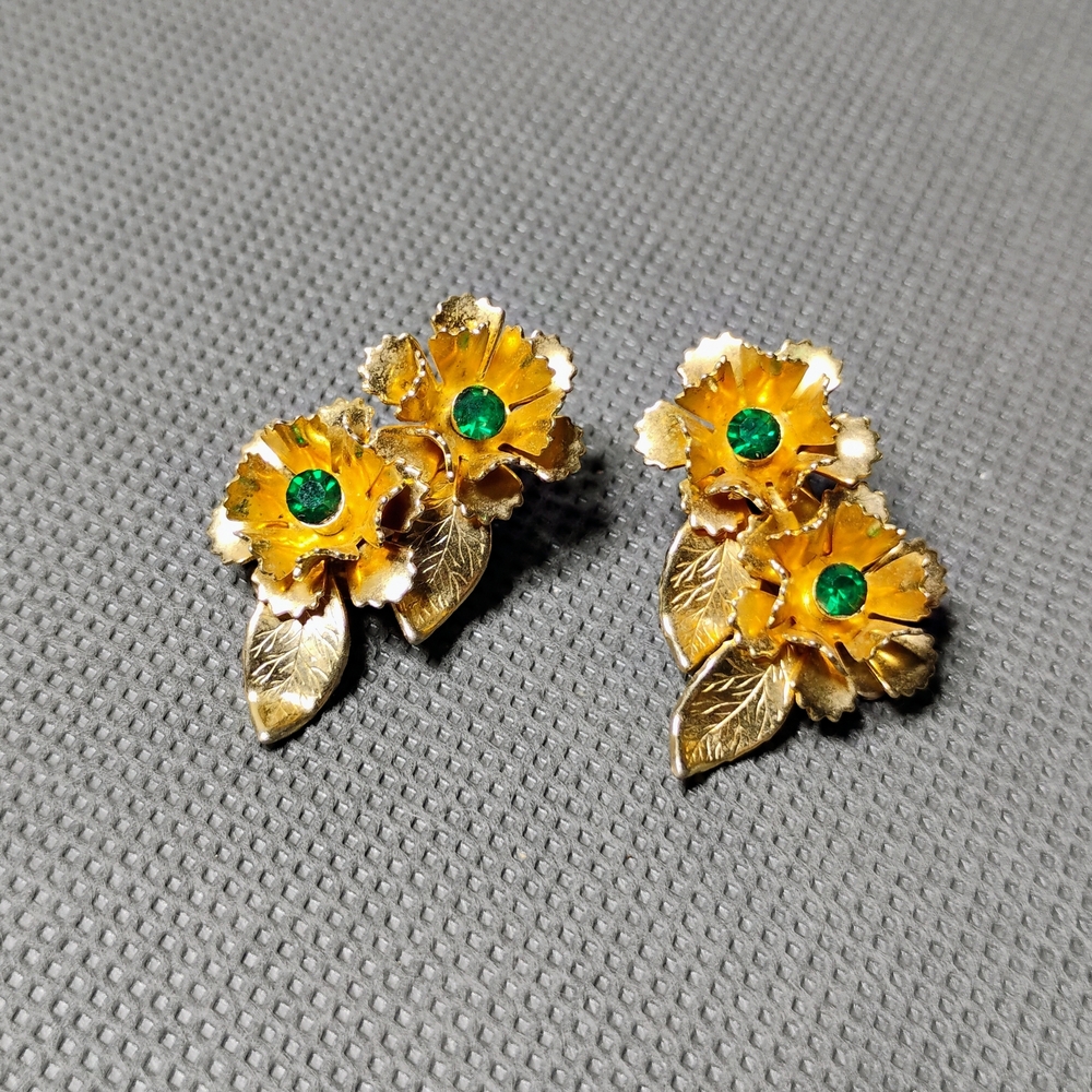 Coro Gold and Green Floral Clip On Earrings